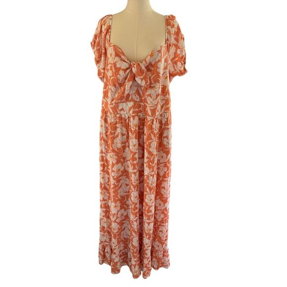 Torrid 3X Floral Orange White Maxi Dress Puff Sleeve Flowy Feminine Sundress - Picture 2 of 11
